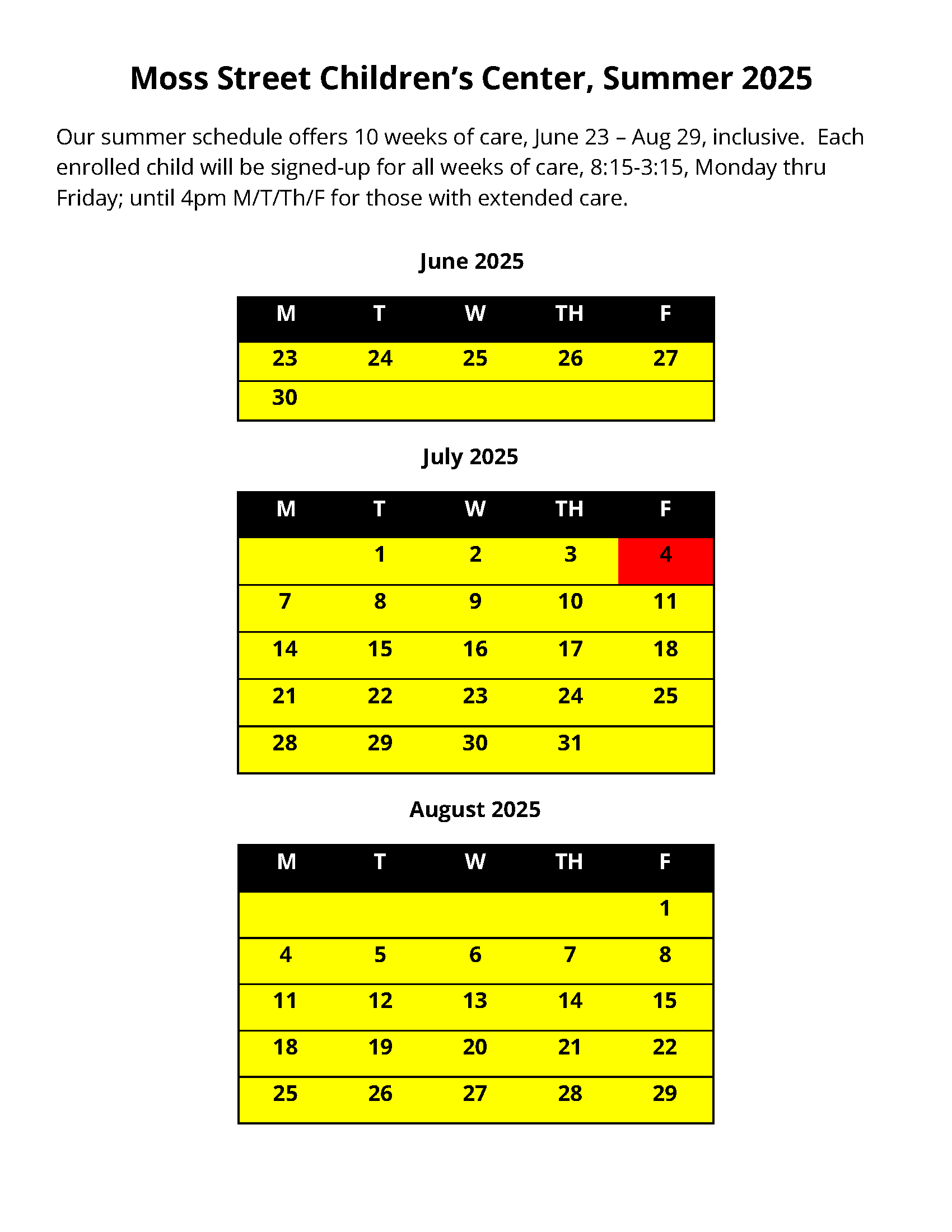 Calendar for summer 2025