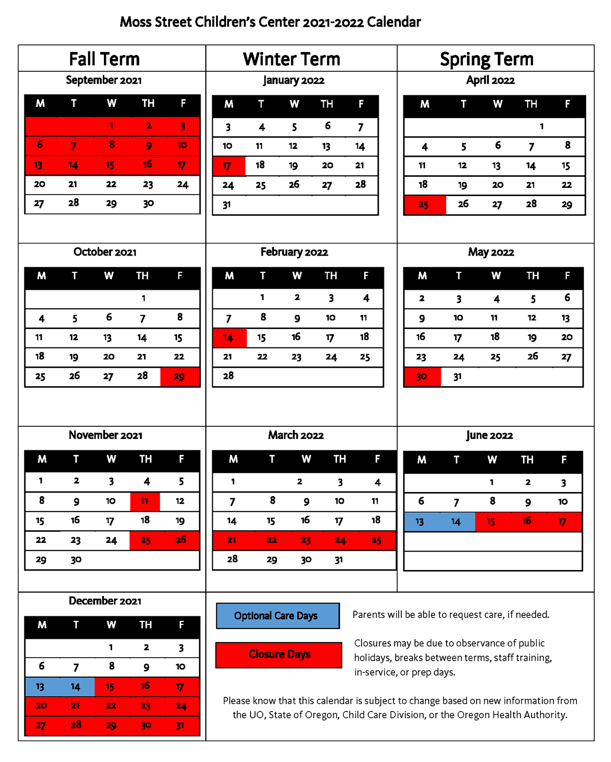 Calendar | Moss Street Children's Center
